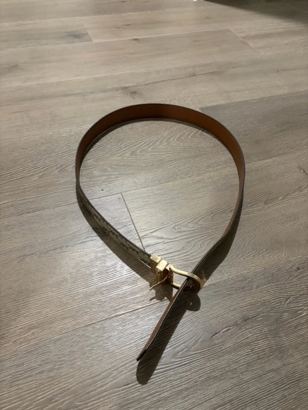 Michael Kors Beige Monogram Leather Logo Belt with Gold Buckle